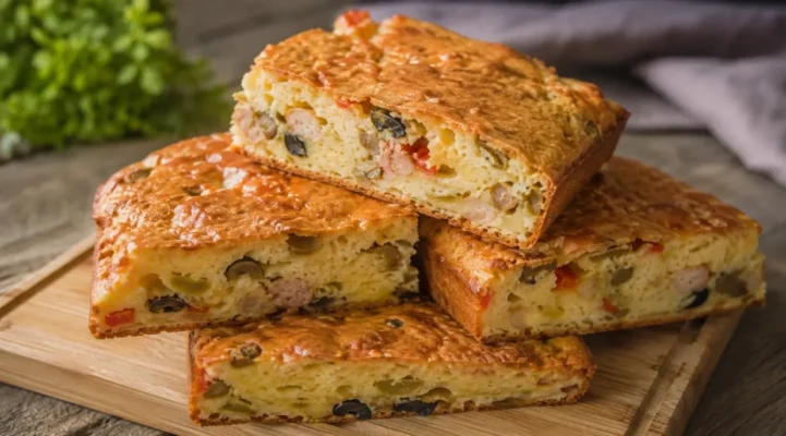 Užpilamas pyragas su mėsos įdaru — tešla per 2 minutes, tinka pusryčiams, pietums ir vakarienei