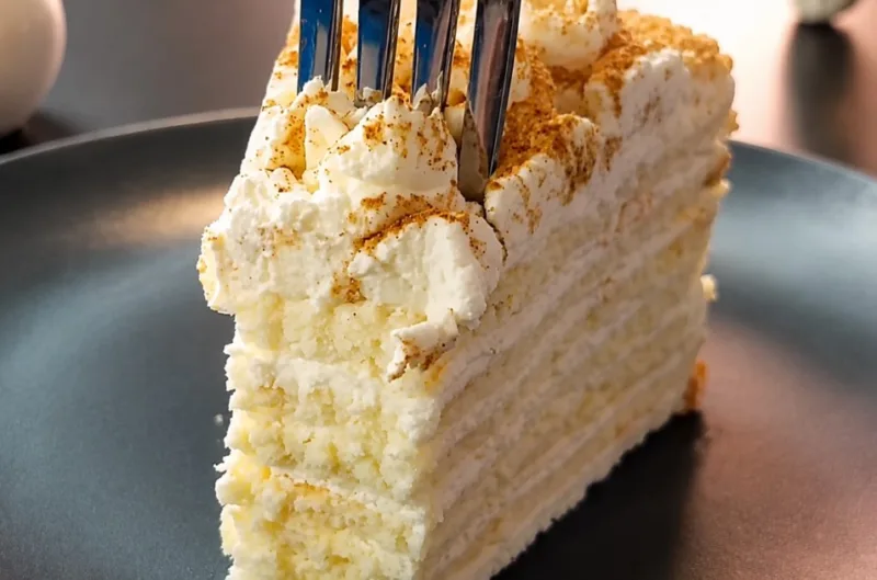 Tortas „Smetannik“ su ledų skoniu: maišau grietinę su cukrumi, sluoksniuoju sausainiais ir dedu į šaldiklį