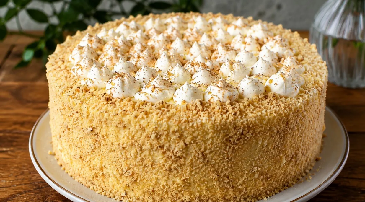 Tortas „Smetannik“ su ledų skoniu: maišau grietinę su cukrumi, sluoksniuoju sausainiais ir dedu į šaldiklį