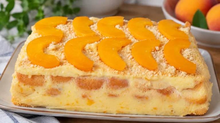 Vietoje klasikinio tiramisu – labai minkštas persikų tortas be kepimo su kondensuotu pienu