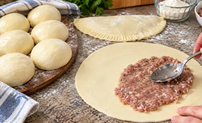 Naminiai sultingi čeburekai su plonu traškiu tešla ir mėsos įdaru