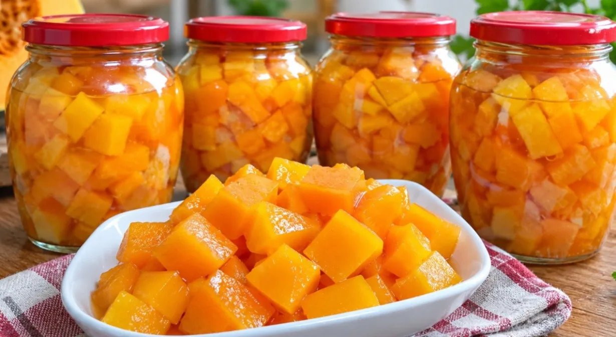 Saldus moliūgas su apelsinų aromatu — sultingas ir aromatingas žiemos konservas, primenantis mangą