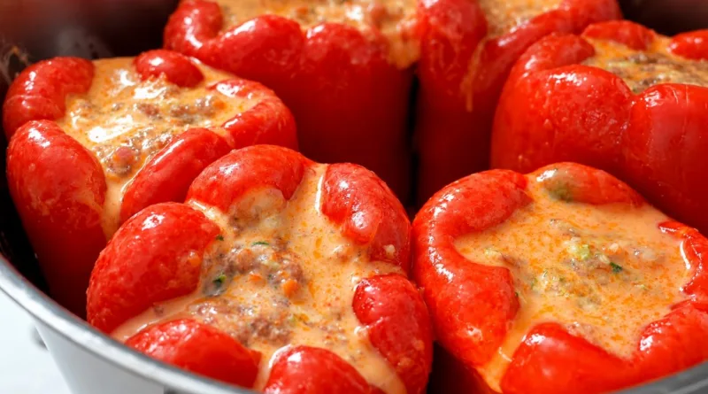 Įdarytos paprikos vakarienei: 700 g kiaulienos faršo, apvalūs ryžiai ir cukinija