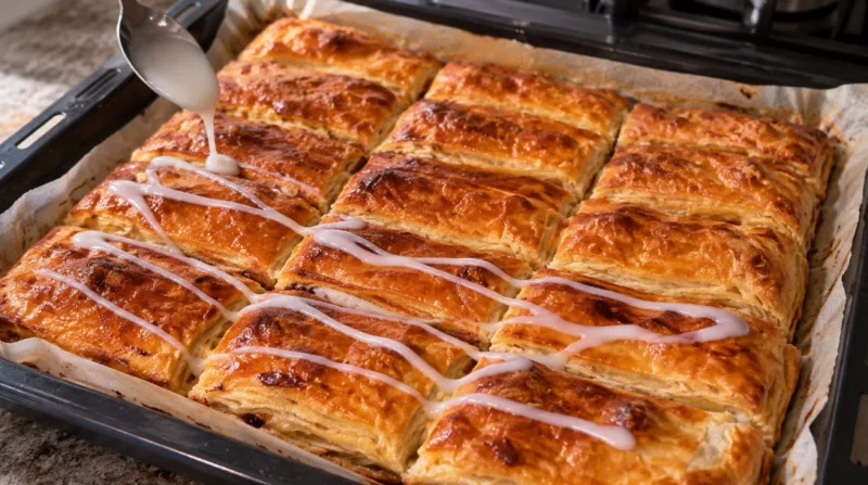 Varškės ir vyšnių sluoksniuotos bandelės iš paruoštos sluoksniuotos tešlos — traški kepinė prie arbatos
