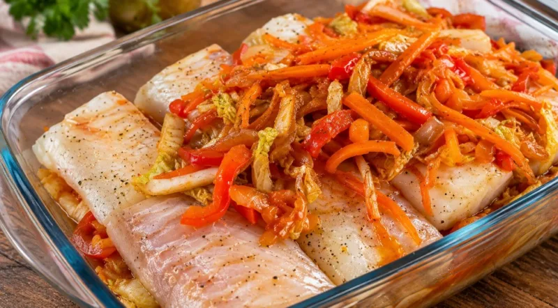 800 g menkės ir gausus daržovių sluoksnis — sotus šeimyninis vakarienės patiekalas