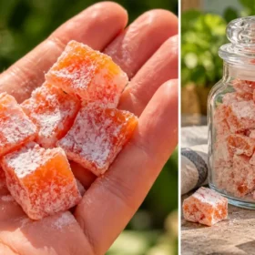 Naminiai moliūgų cukatai: minkštimą pjaustau kubeliais ir užberiu cukrumi