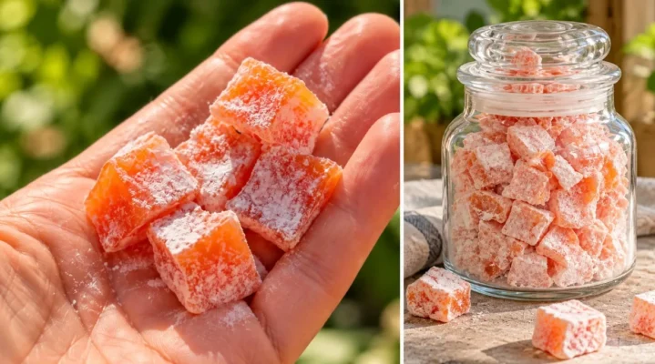 Naminiai moliūgų cukatai: minkštimą pjaustau kubeliais ir užberiu cukrumi